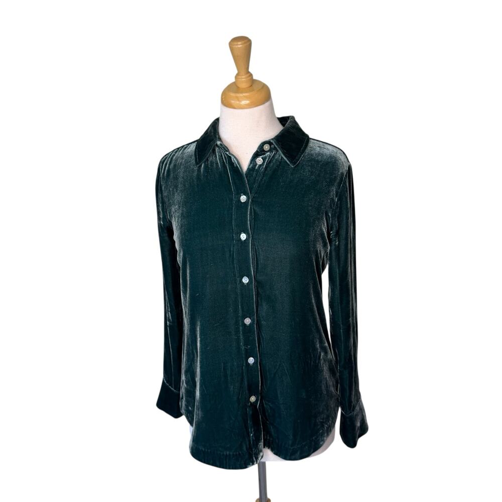 FAHERTY Vintage Silk Velvet Genevieve Shirt Emerald Green Size XS